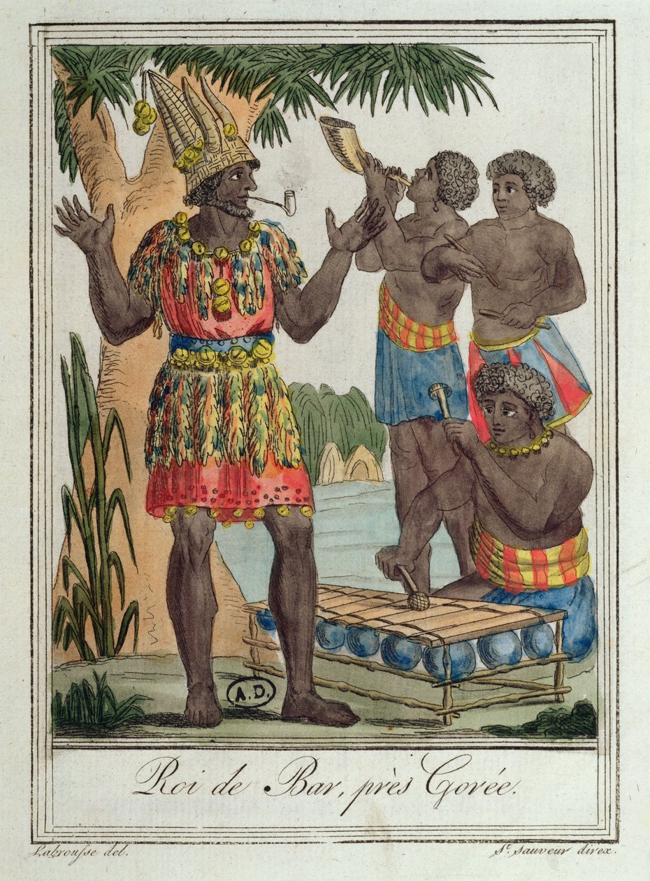 King of Bar, Gorée közelében, Szenegálban, a különböző országokból származó jelmezekből, 1796 alkotó: Jacques Grasset de Saint Sauveur