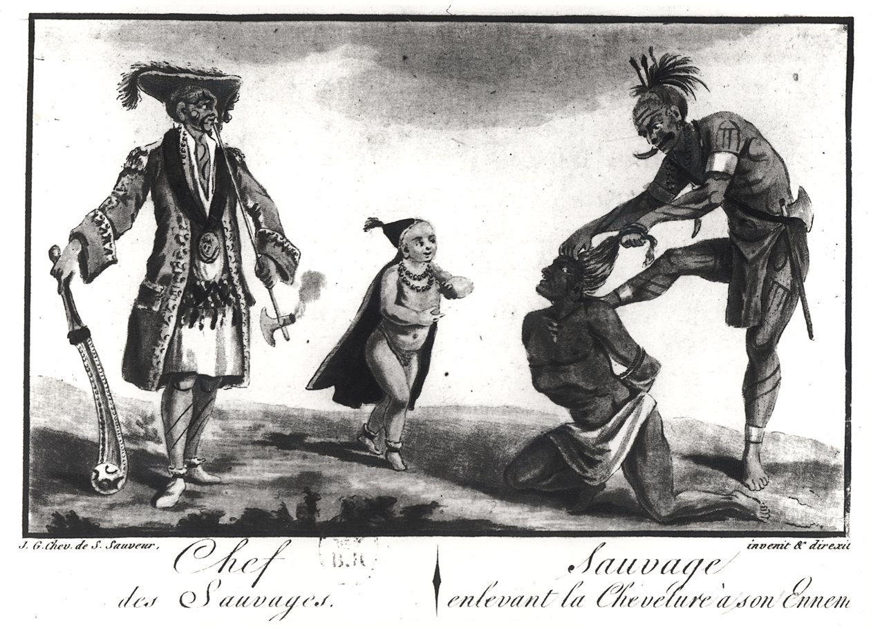A Vadak főnöke európainak öltözve, gyermeknek és vadnak, aki megskalpolja ellenségét, a Tableau Cosmographique de l