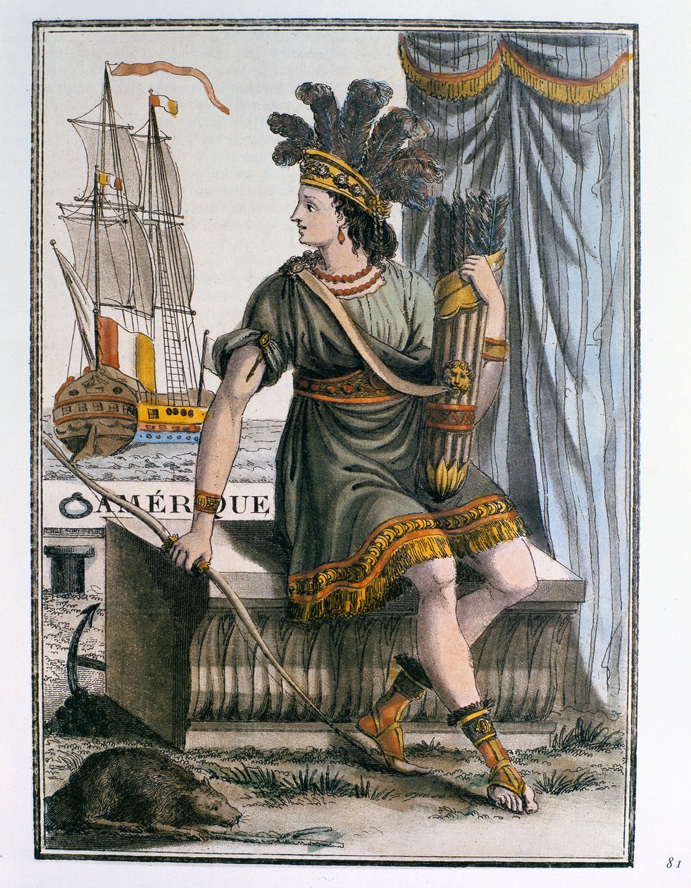 Amerika allegóriája, az „Encyclopedie des Voyages” előlapja, J. Laroque metszet, 1796-ban megjelent alkotó: Jacques Grasset de Saint Sauveur