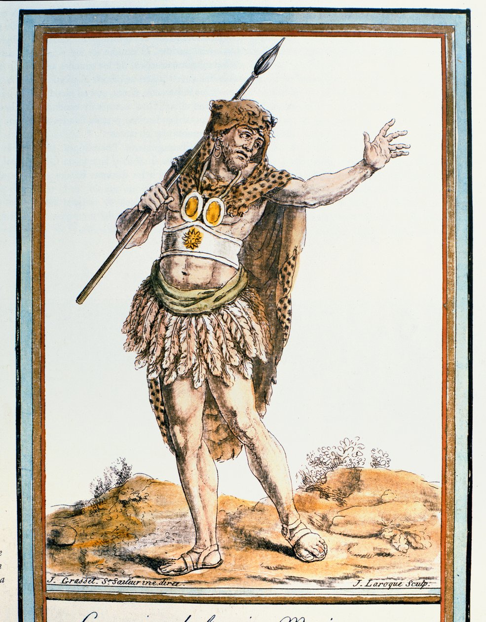 Az ókori mexikói harcos, illusztráció az Encyclopedie des Voyages-ből, J. Laroquw metszet, 1796-ban megjelent alkotó: Jacques Grasset de Saint Sauveur