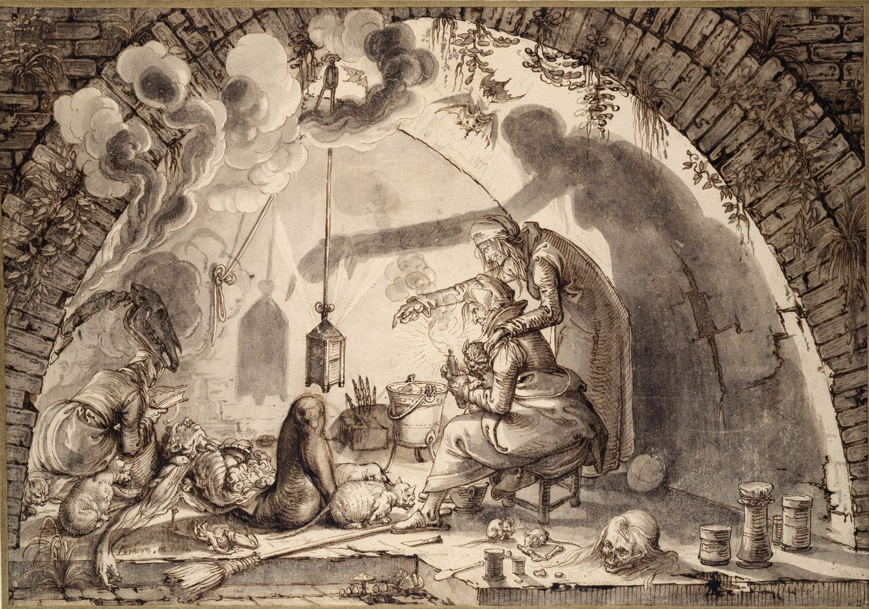 Boszorkánykonyha, 1600 körül (toll és tinta, mosás papíron) alkotó: Jacques II de Gheyn