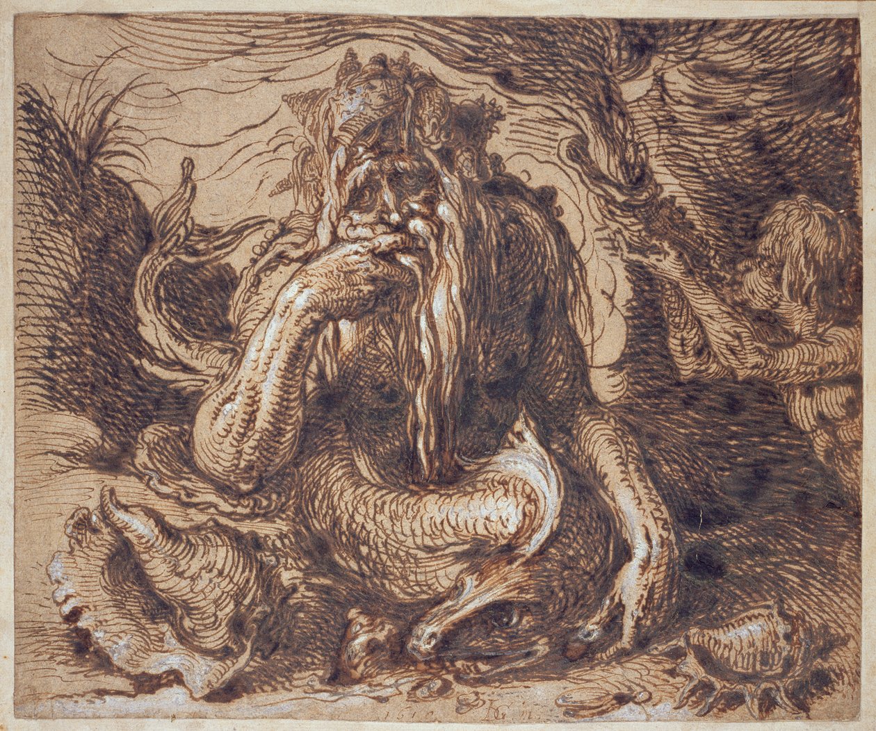 Neptunusz, 1610 (toll és tinta, gouache-val kiemelve, papírra) alkotó: Jacques II de Gheyn