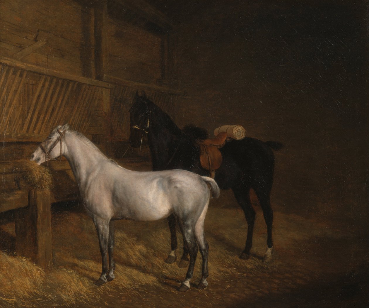 Szürke póni és fekete töltő istállóban alkotó: Jacques Laurent Agasse