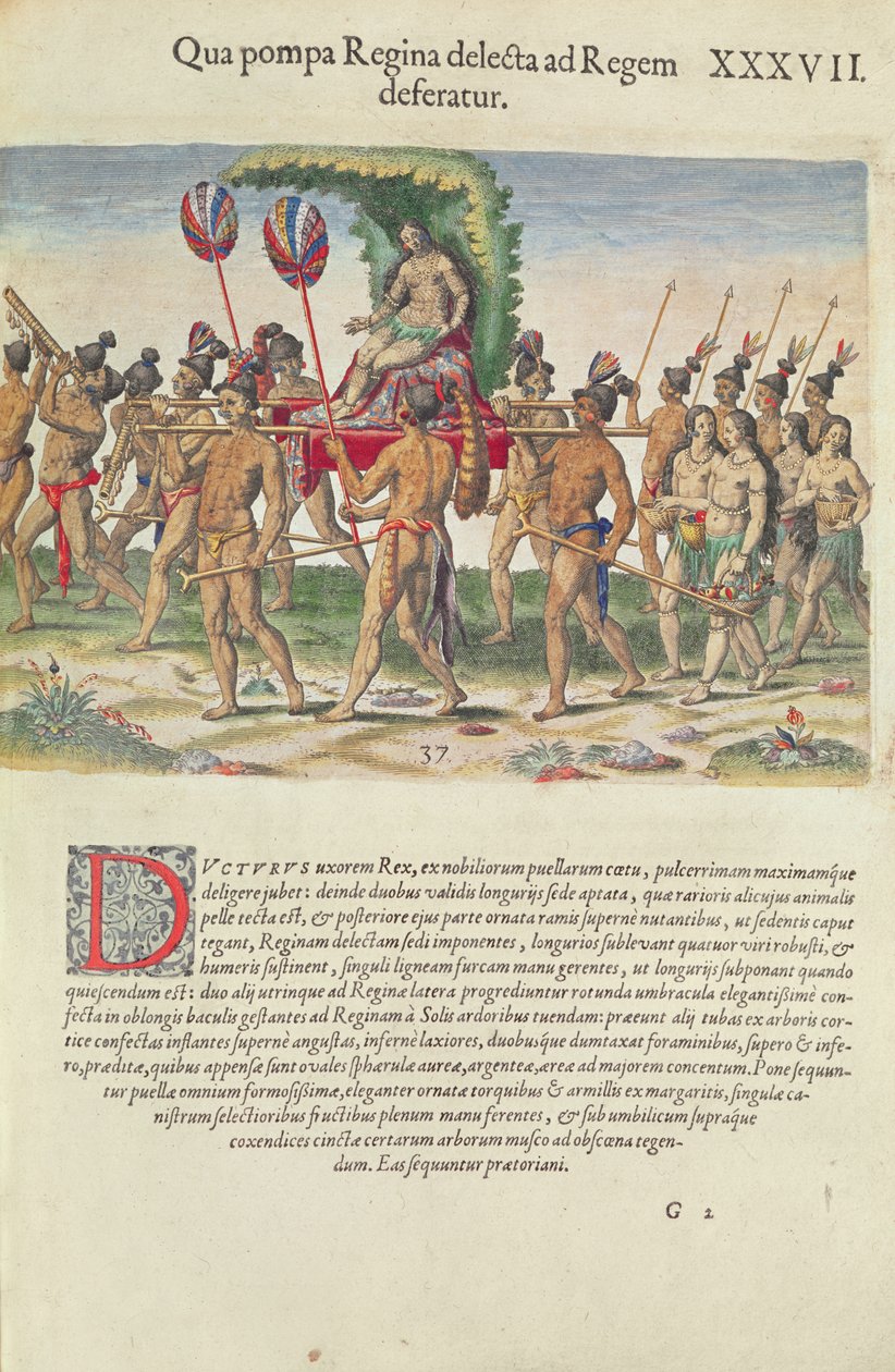 Egy menyasszonyt visznek a főnöknek, Theodore de Bry (1528-1598) metszete a „Brevis Narratio…”-ból, Frankfurtban, 1591. alkotó: Jacques Le Moyne