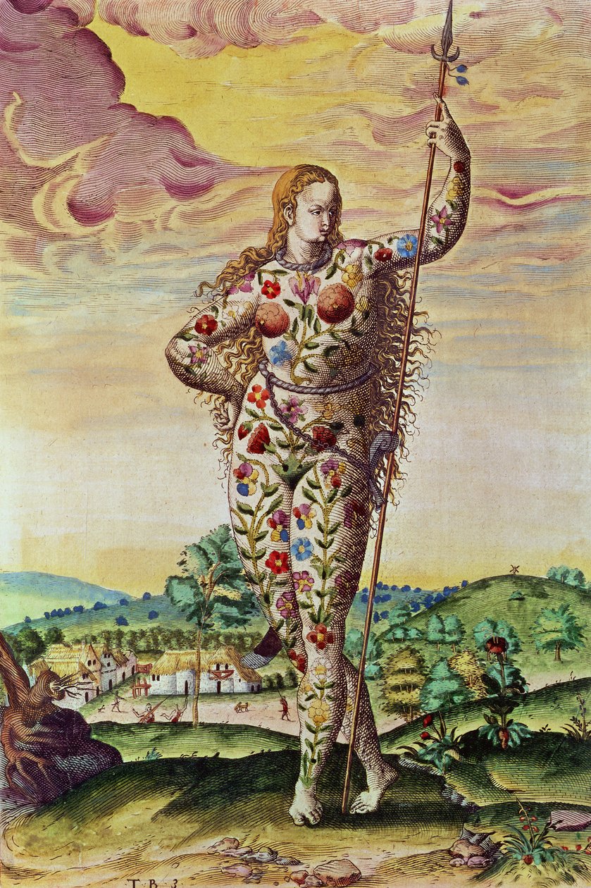 Egy fiatal pikt nő, az "Admiranda Narratio..."-ból, metszette Theodore de Bry (1528-88) 1585-88 alkotó: Jacques Le Moyne