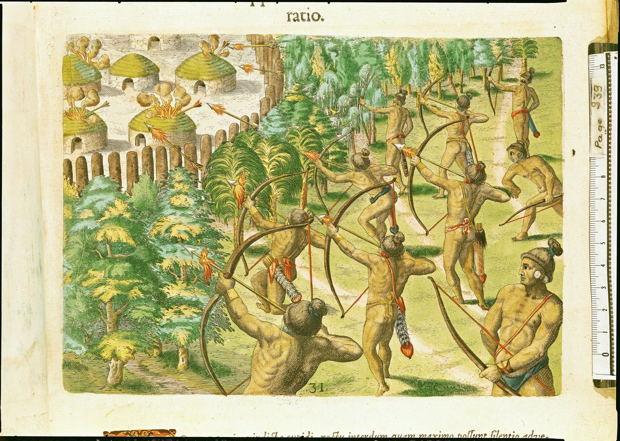 Támadás egy indián falu ellen lángoló nyilakkal, Theodore de Bry (1528-98) vésett „Brevis Narratio...” című művéből, 1591 alkotó: Jacques Le Moyne