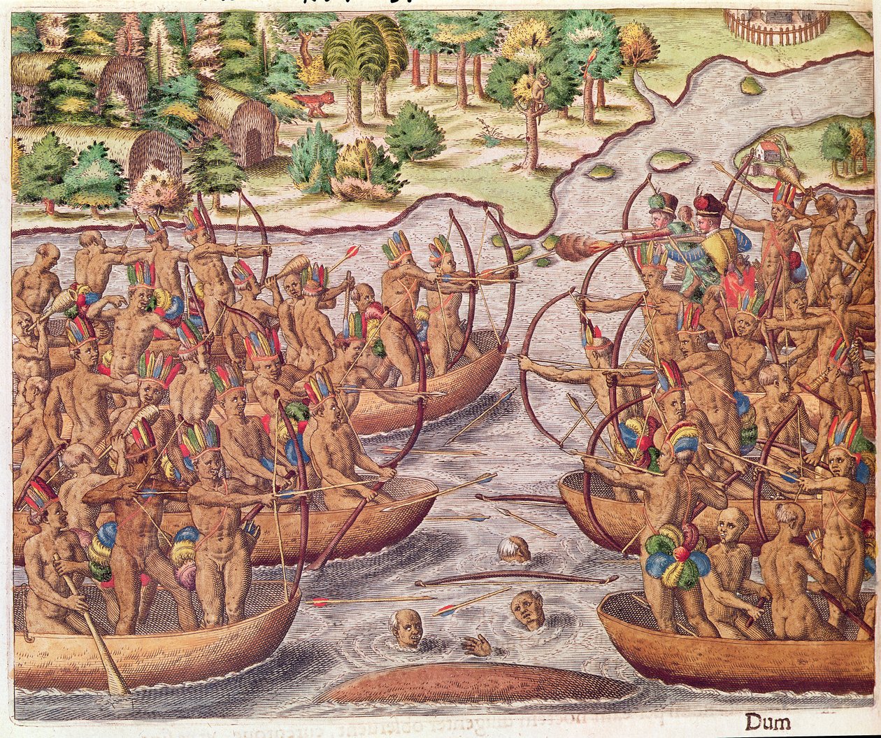Az indián törzsek közötti csata a „Brevis Narratio...”-ból, Theodore de Bry (1528-98) metszetében, 1564 alkotó: Jacques Le Moyne