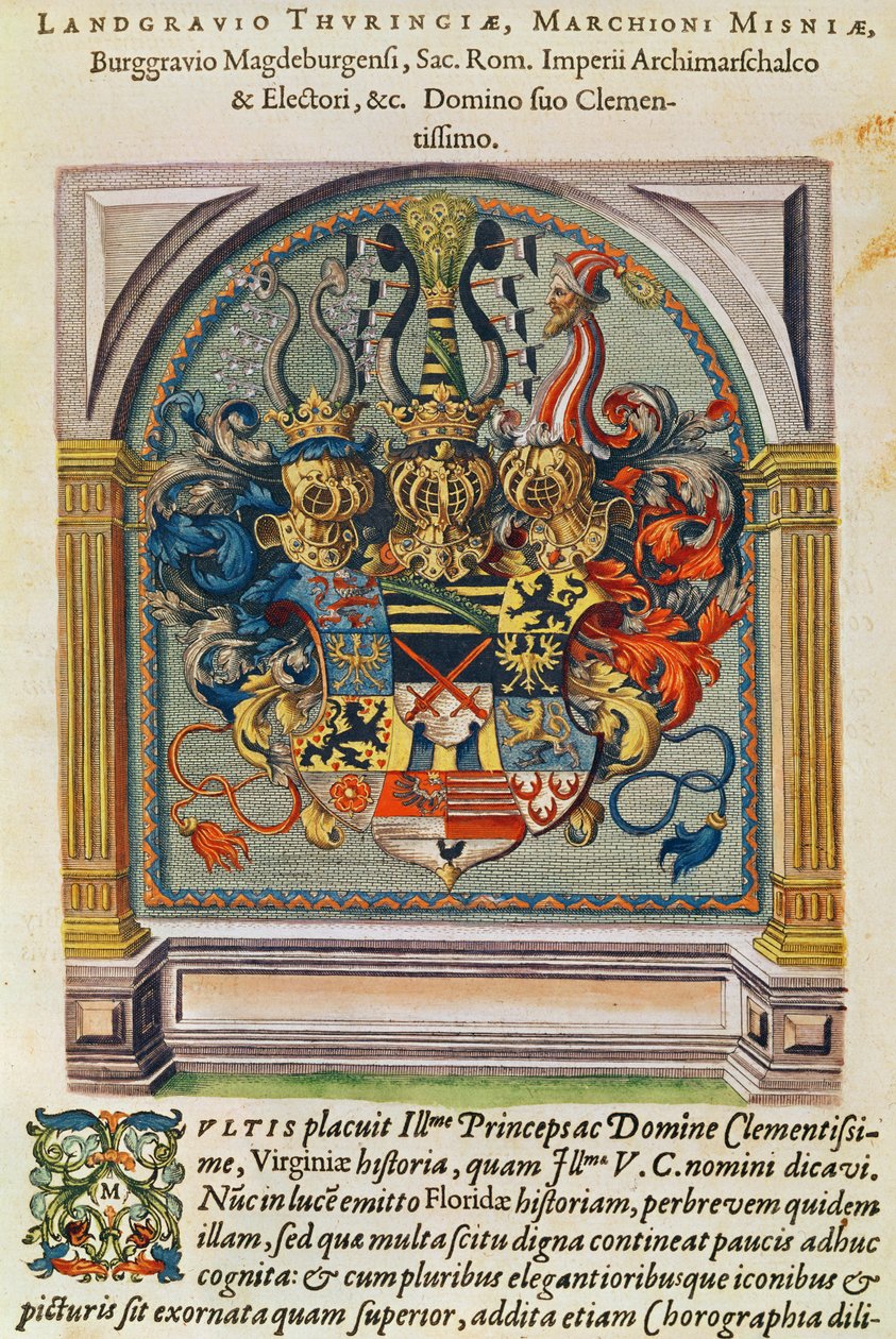 Címer a „Brevis Narratio...”-ból, Theodore de Bry (1528-98) metszete, Frankfurtban, 1591 alkotó: Jacques Le Moyne