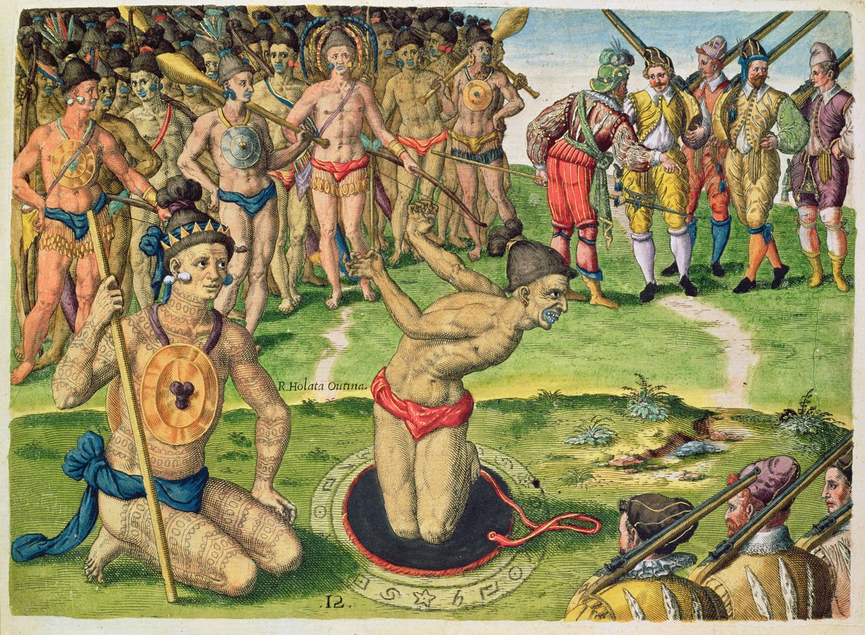 Consulting a Sorcerer, a "Brevis Narratio..."-ból, Theodore de Bry (1528-98) metszete, Frankfurtban, 1591 alkotó: Jacques Le Moyne