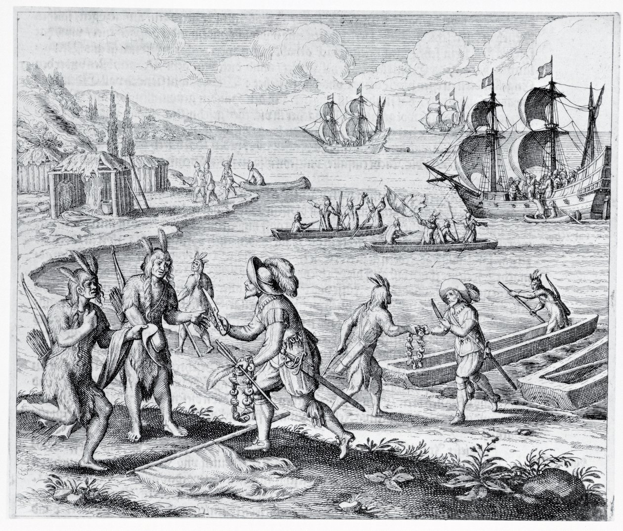 Angol kereskedés a nyugat-indiai indiánokkal, "Americae"-ból, írta és vésette Theodor de Bry (1525-75), 1628 alkotó: Jacques Le Moyne