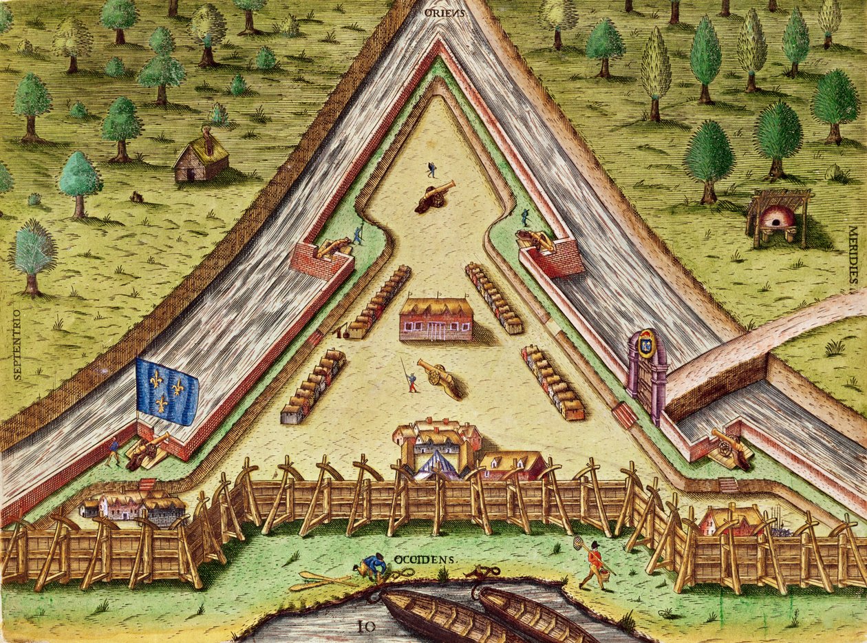 Fort Caroline, a „Brevis Narratio...”-ból, Theodore de Bry (1528-98) metszete, Frankfurtban, 1591 alkotó: Jacques Le Moyne