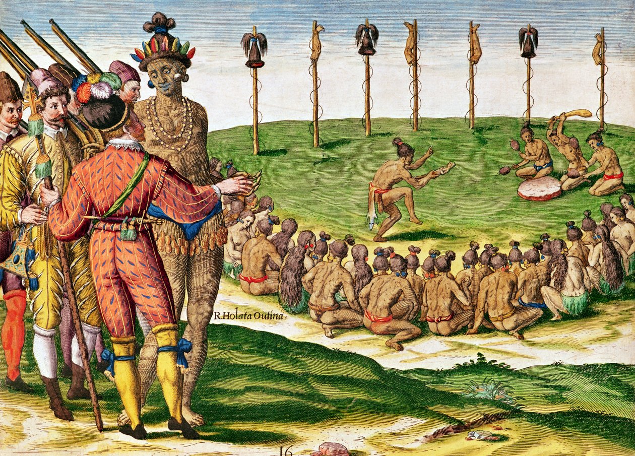 Indiai győzelmi ceremónia a „Brevis Narratio...”-ból, Theodore de Bry (1538-98) metszete, Frankfurtban, 1591 alkotó: Jacques Le Moyne