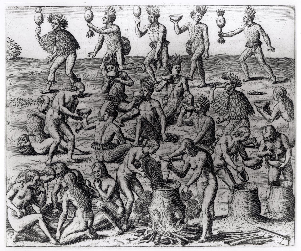 Indian Women Preparing Manioc Root, metszett Theodore de Bry (1528-98), "Americae", 1593 alkotó: Jacques Le Moyne