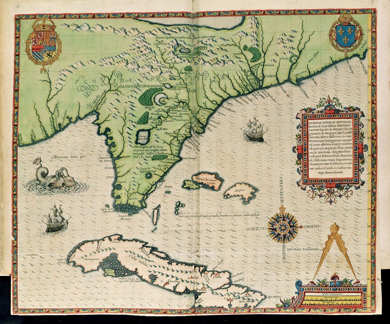 Florida térképe, a "Brevis Narratio..."-ból, Theodore de Bry (1528-98) metszete, Frankfurtban, 1591 alkotó: Jacques Le Moyne
