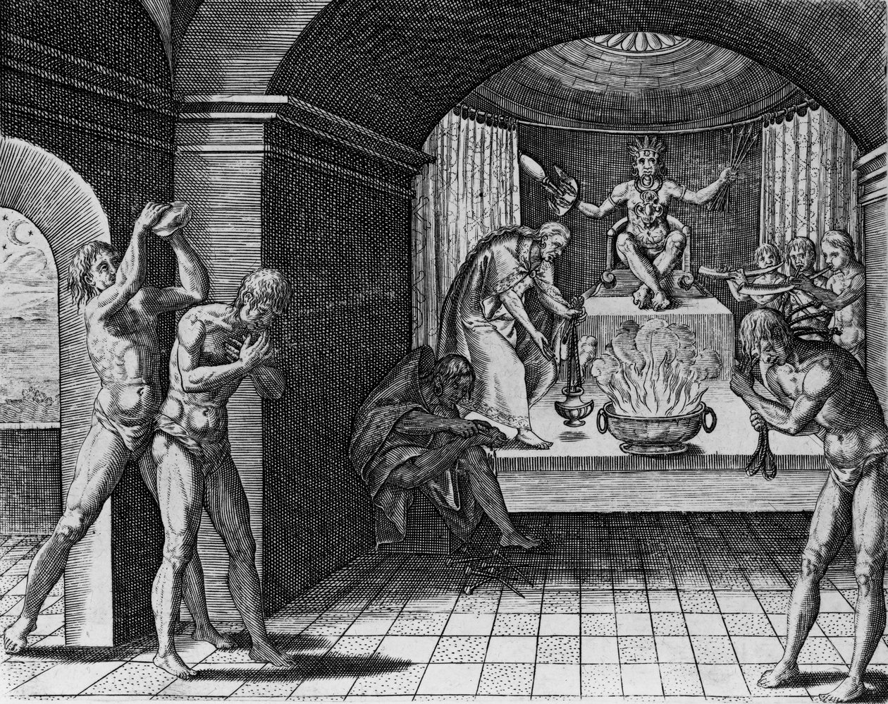 Mexikói indián bűnbánati istentisztelet, az "Americae"-ből, 1602, írta és metszette Theodor de Bry (1528-98). alkotó: Jacques Le Moyne