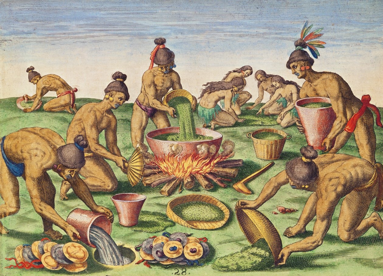 Előkészületek egy lakomára, a „Brevis Narratio...”-ból, Theodore de Bry (1528-98) metszete, Frankfurtban, 1591 alkotó: Jacques Le Moyne