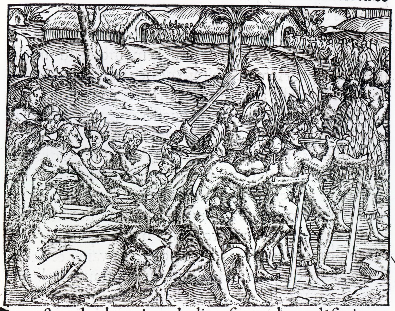 Ital és dohányzó bennszülöttek körmenete, metszet: Theodor de Bry (1525-75) alkotó: Jacques Le Moyne