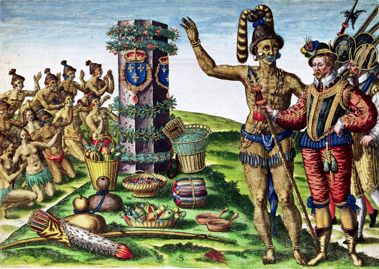 Rene Goulaine de Laudonniere (kb. 1529-82) és Athore főnök a Ribault-oszlop előtt, a „Brevis Narratio...”-ból, Theodore de Bry (1528-98) metszete, 1563 alkotó: Jacques Le Moyne
