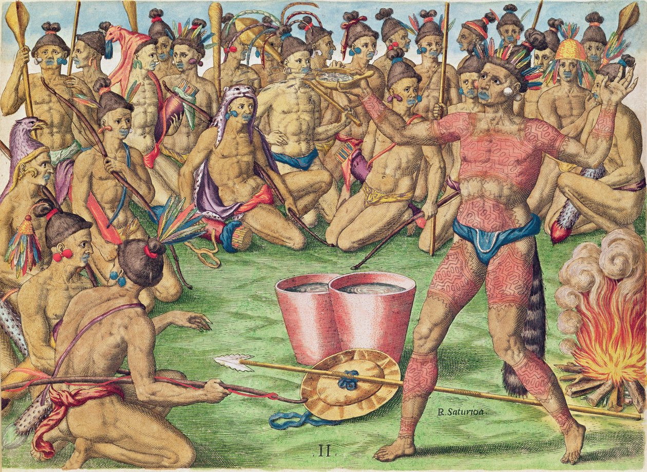 Satoutiona Prepares for Battle, a „Brevis Narratio...”-ból, Theodore de Bry (1528-98) metszete, Frankfurtban, 1591 alkotó: Jacques Le Moyne