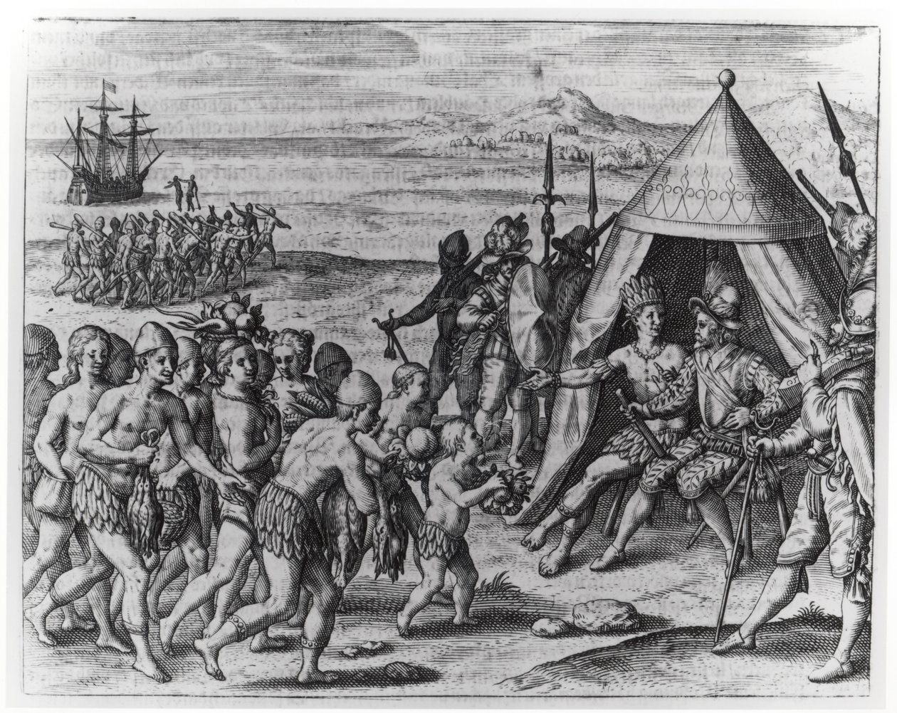 Sir Walter Raleigh (1554-1618) barátságot próbál létesíteni Arromaia guyanai királlyal, „Amerika”-ból, vésette és írta Theodor de Bry (1528-98) alkotó: Jacques Le Moyne