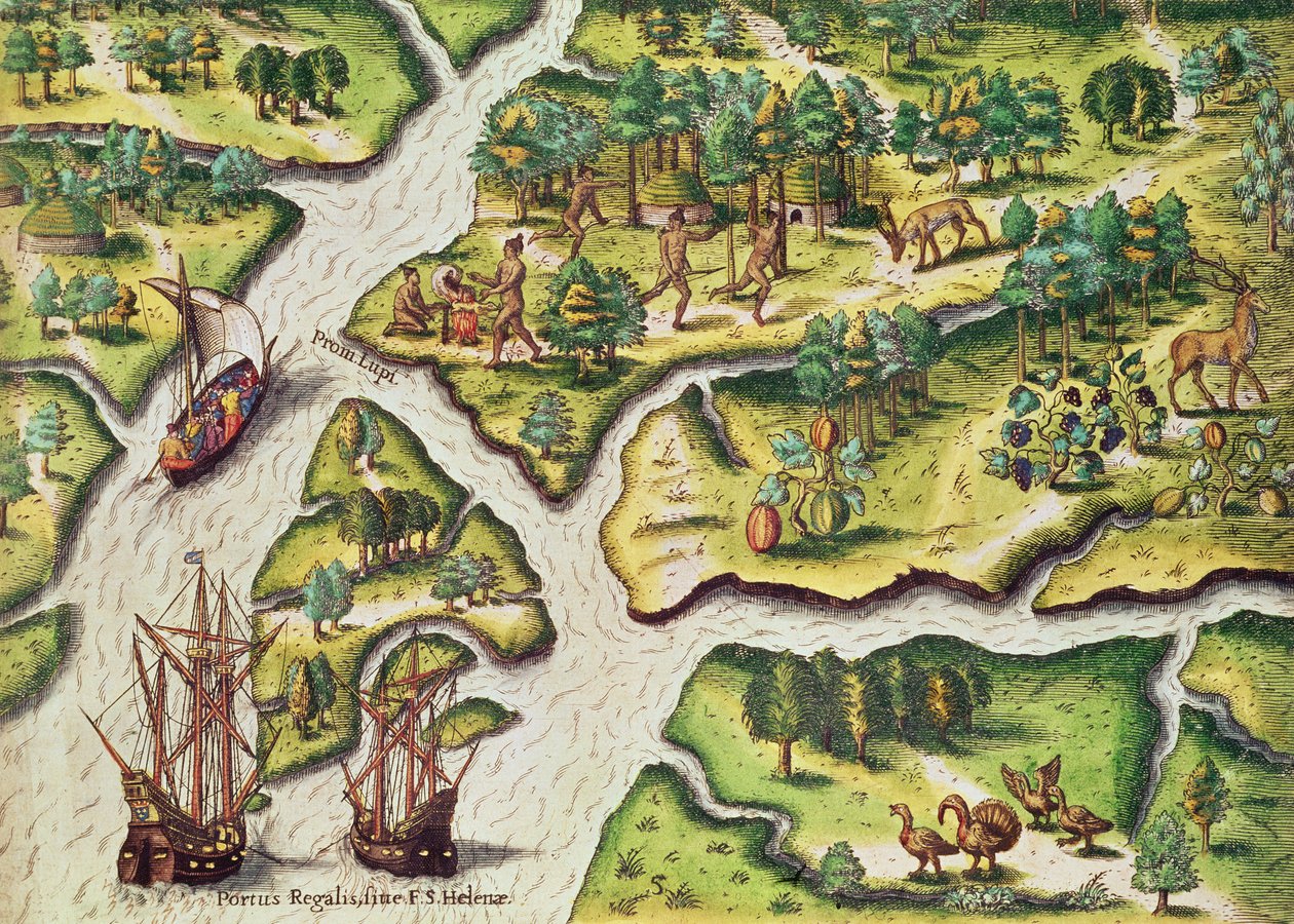 A franciák megérkeznek Port Royalba, Theodore de Bry (1528-98) által metszett Brevis Narratio-ból, Frankfurtban, 1591. alkotó: Jacques Le Moyne