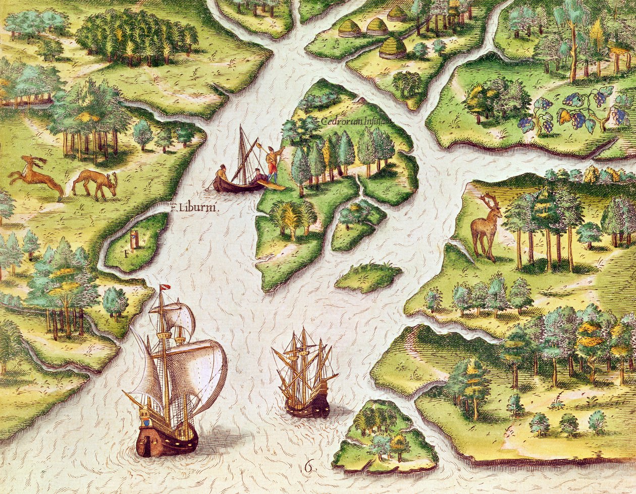 Az 1591-ben Frankfurtban publikált Theodore de Bry (1528-98) által metszett francia királyi címerrel a „Brevis Narratio...” című művéből felállított oszlop. alkotó: Jacques Le Moyne