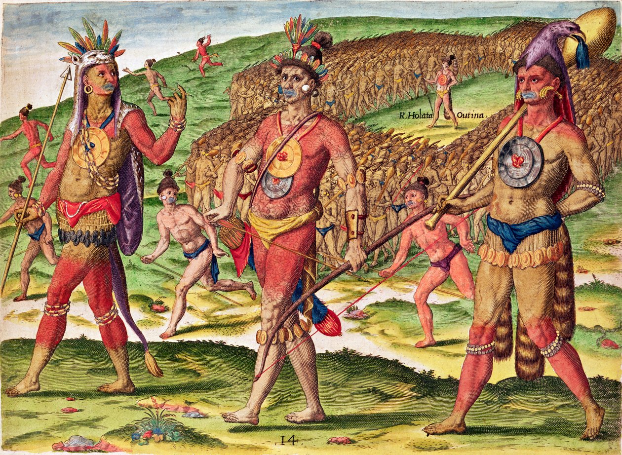 Outina katonái menetelnek, hogy darabokra vágják ellenségeiket, a "Brevis Narratio..."-ból, Theodore de Bry (1528-98) metszete, 1563. alkotó: Jacques Le Moyne