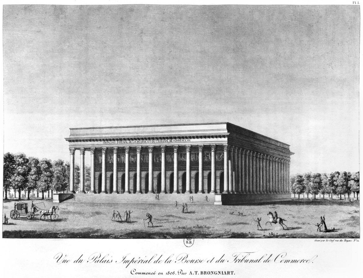 Kilátás a Bourse császári palotára és a kereskedelmi udvarra, Párizs, 19. század eleje alkotó: Jacques Louis Constant Le Cerf