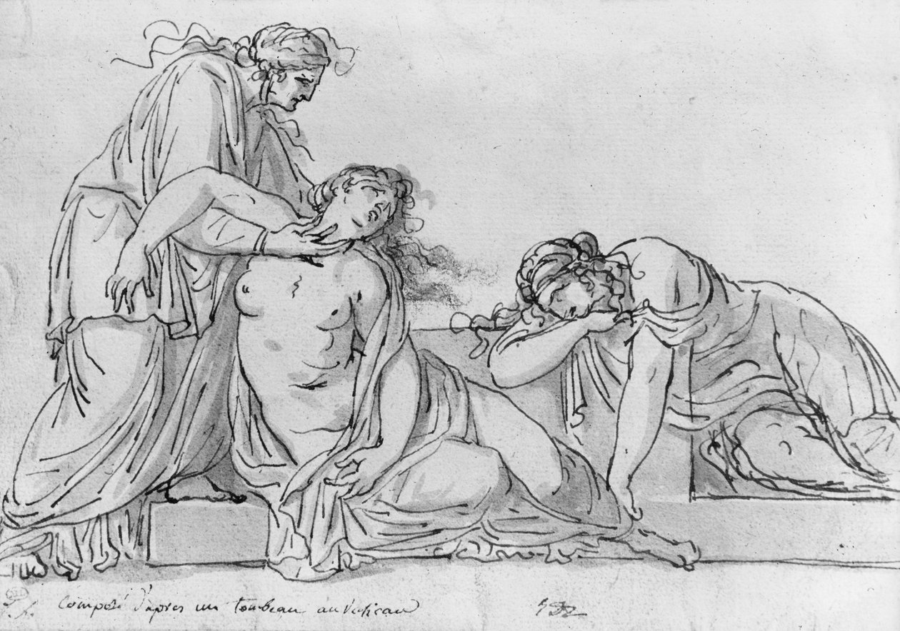 Idős nő két ájuló nő fölé hajolva, 1776 körül (toll és barna tinta, szürke mosás és pierre noire papíron) alkotó: Jacques Louis David