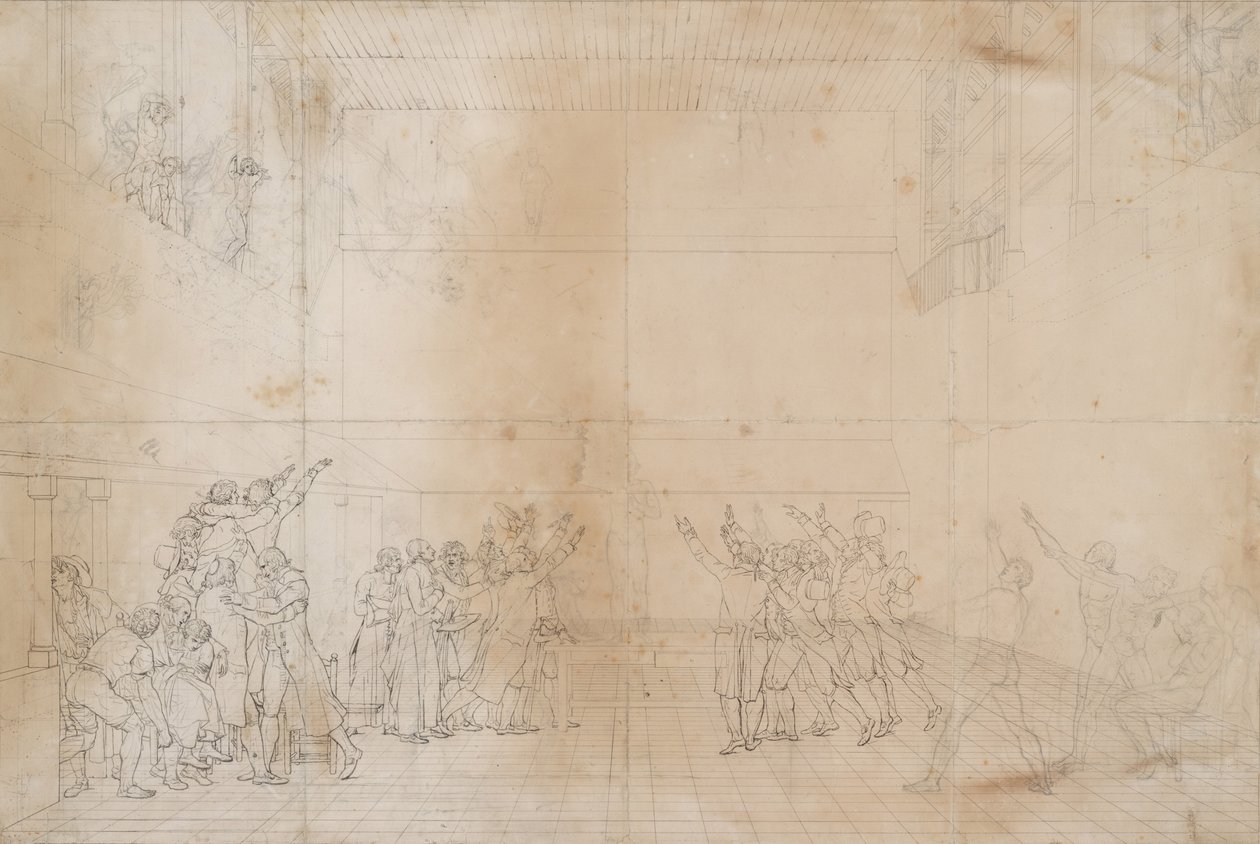 Tanulmány a teniszpálya esküjéhez, 1790 körül (tinta és grafit papíron) alkotó: Jacques Louis David