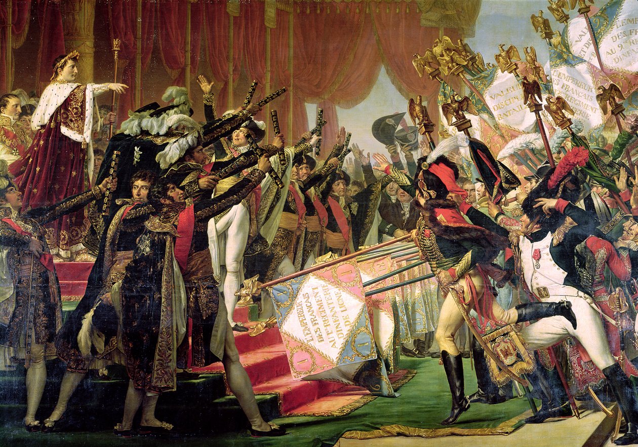 The Distribution of the Eagle Standard, 1804. december 5., részlet a zászlótartókról, 1808-10 alkotó: Jacques Louis David