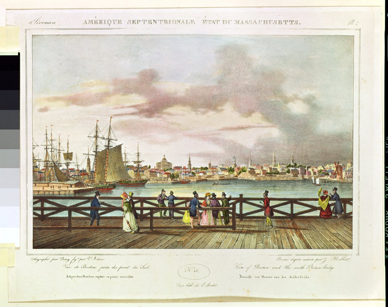 Boston és a South Boston Bridge látványa c. 1829 alkotó: Jacques Milbert