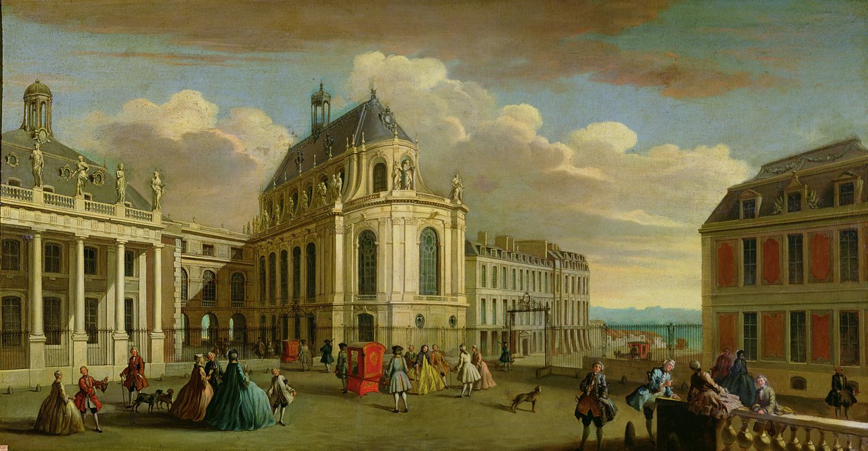 Kilátás a Chateau de Versailles-i kápolnára az udvarról alkotó: Jacques Rigaud