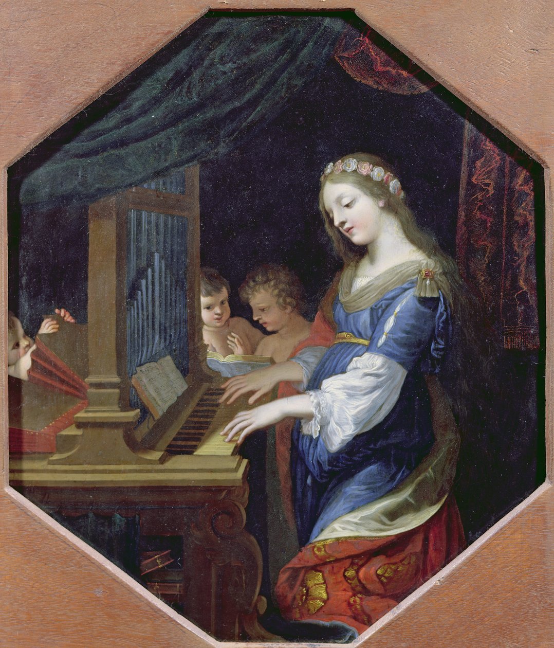 Szent Cecília orgonán (olaj, réz) alkotó: Jacques Stella