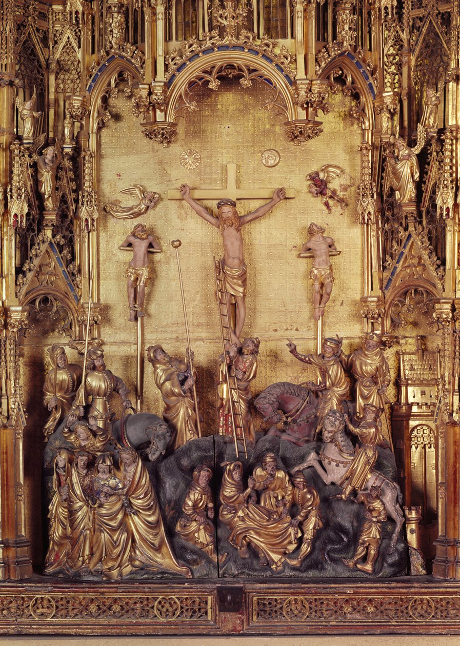 A keresztrefeszítés oltárképe, a központi panel részlete, Chartreuse de Champmol templomából, 1391 körül aranyozott fa alkotó: Jacques de Baerze or Baers
