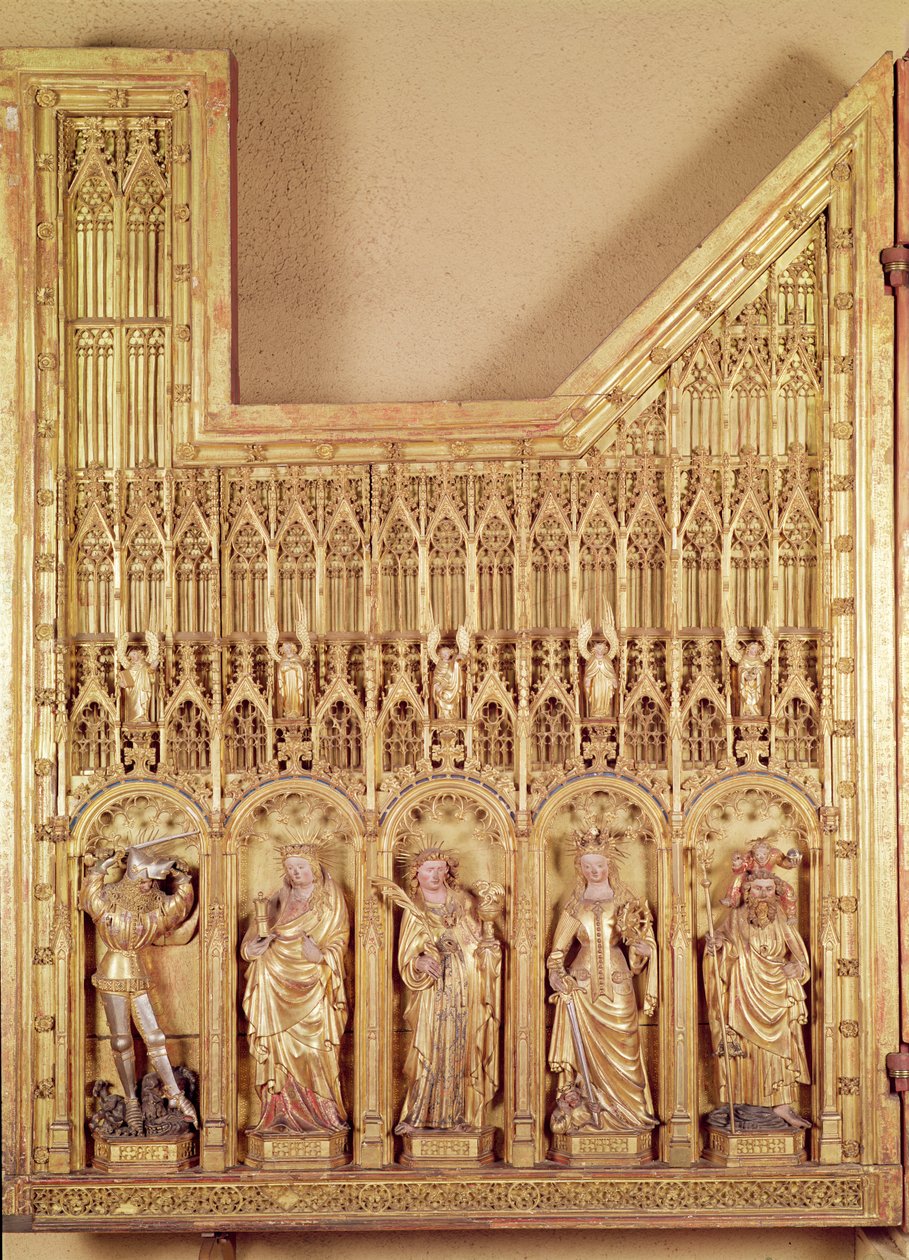 A keresztrefeszítés oltárképe, SS-t ábrázoló részlet a bal oldali panelről. György, Mária Magdolna, János, Alexandriai Katalin és Christopher, a Chartreuse de Champmol-templomból, 1391 körül (gi) alkotó: Jacques de Baerze or Baers