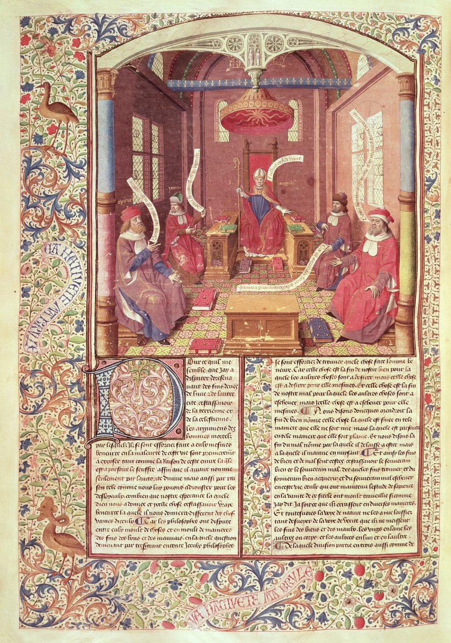 Ms 246 fol.354v St. Augustine, Epicurus, Zeno, Antiochus és Barron, Hippói Szent Ágoston (354-430) „De Civitate Dei” című művéből Raoul de Presles fordításában alkotó: Jacques de Besancon