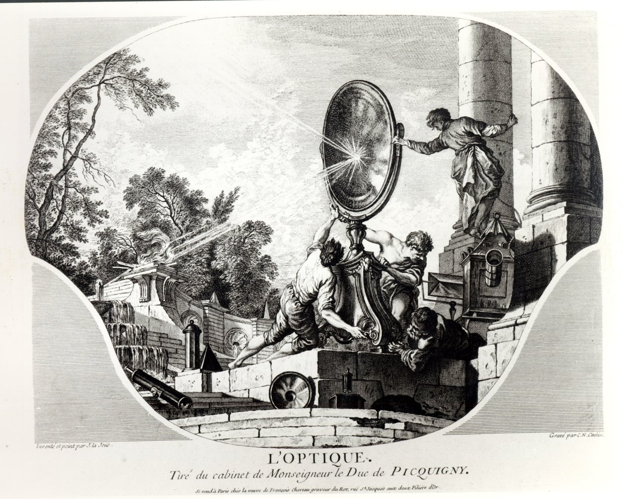 Égő tükör, az optika allegóriája, metszette Charles Nicolas Cochin (1715-90) alkotó: Jacques de Lajoüe