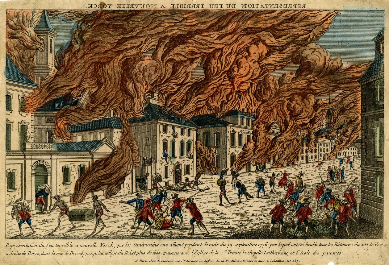 Szörnyű tűz ábrázolása New Yorkban, 1776. szeptember 19., dátum nélküli (kézzel színezett metszet) alkotó: Jacques the Younger Chereau
