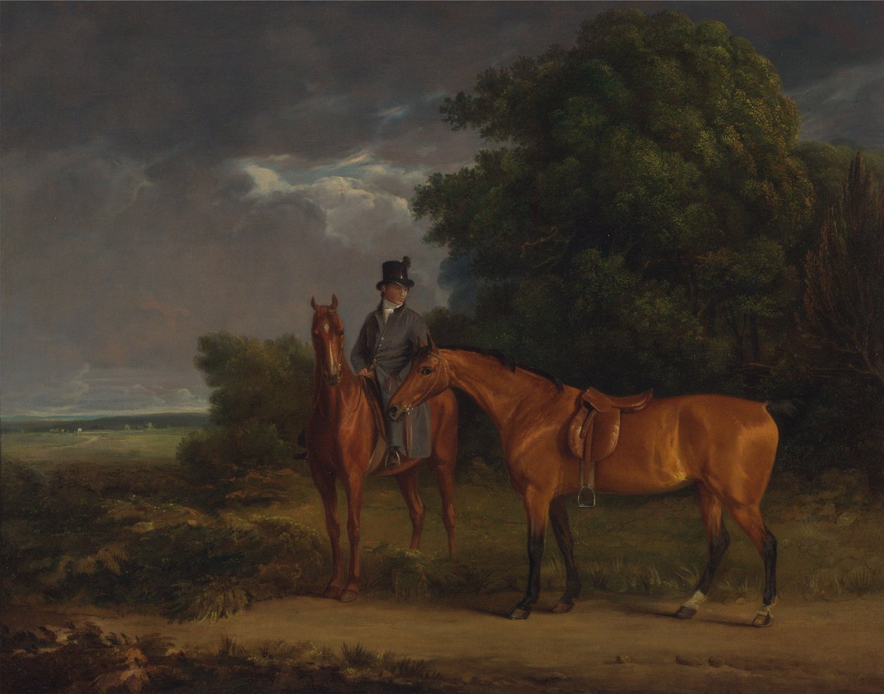 Egy gesztenyevadászra ülő vőlegény, aki egy Bay Huntert tart a gyeplőjénél alkotó: Jacques-Laurent Agasse