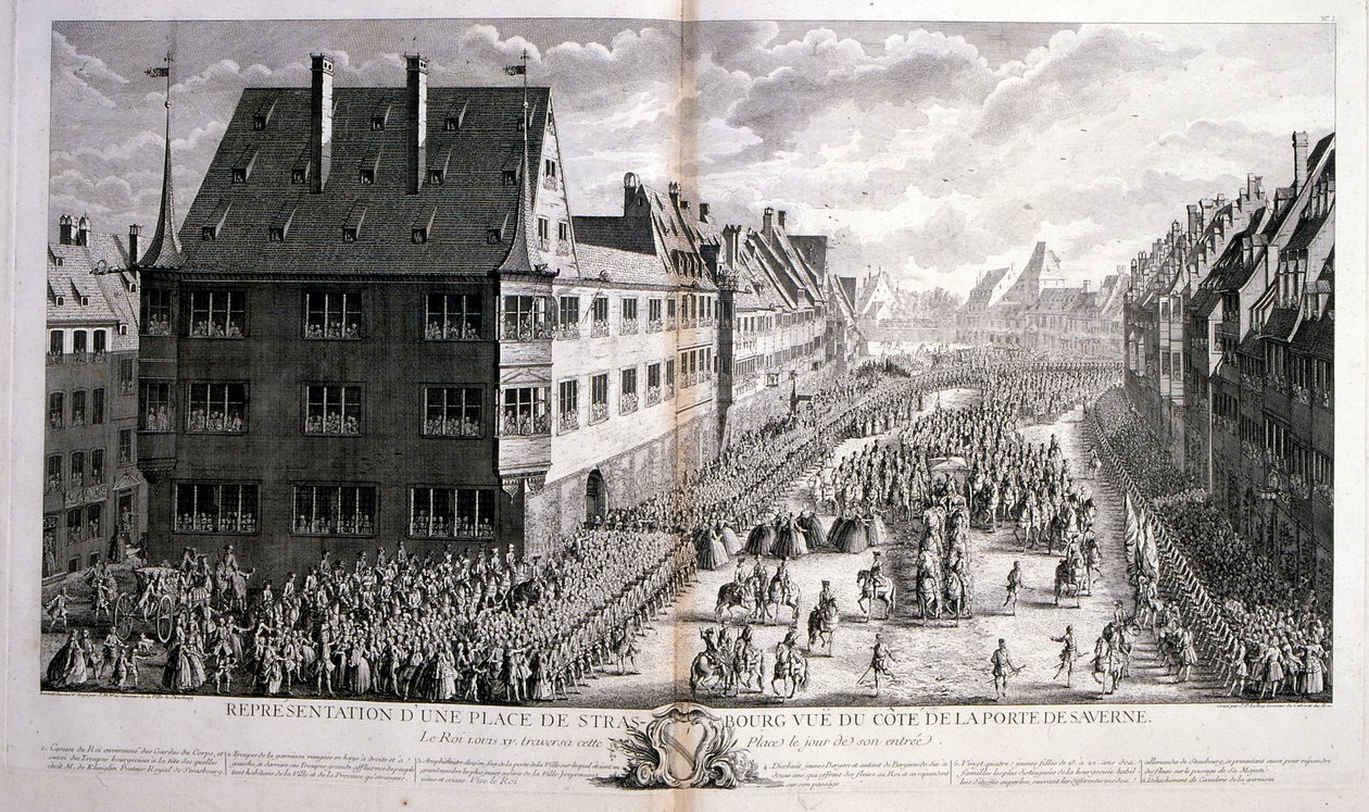XVIII. századi illusztráció XV. Lajosról, Franciaország királyáról, uralkodott 1715-1774 között, a párizsi Rue de Strasbourg-on keresztül. alkotó: Jacques-Philippe Le Bas