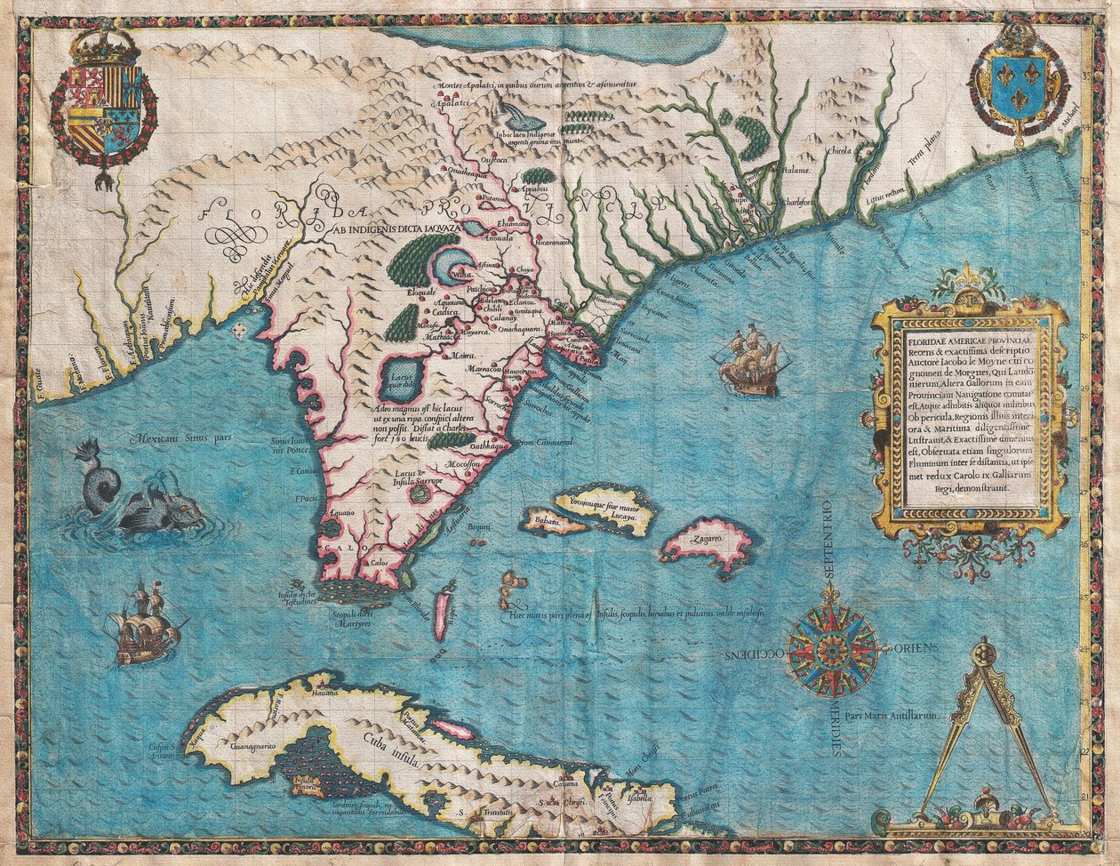 Florida és Kuba térképe, Jacques Le Moyne alkotó: Jacques  Le Moyne