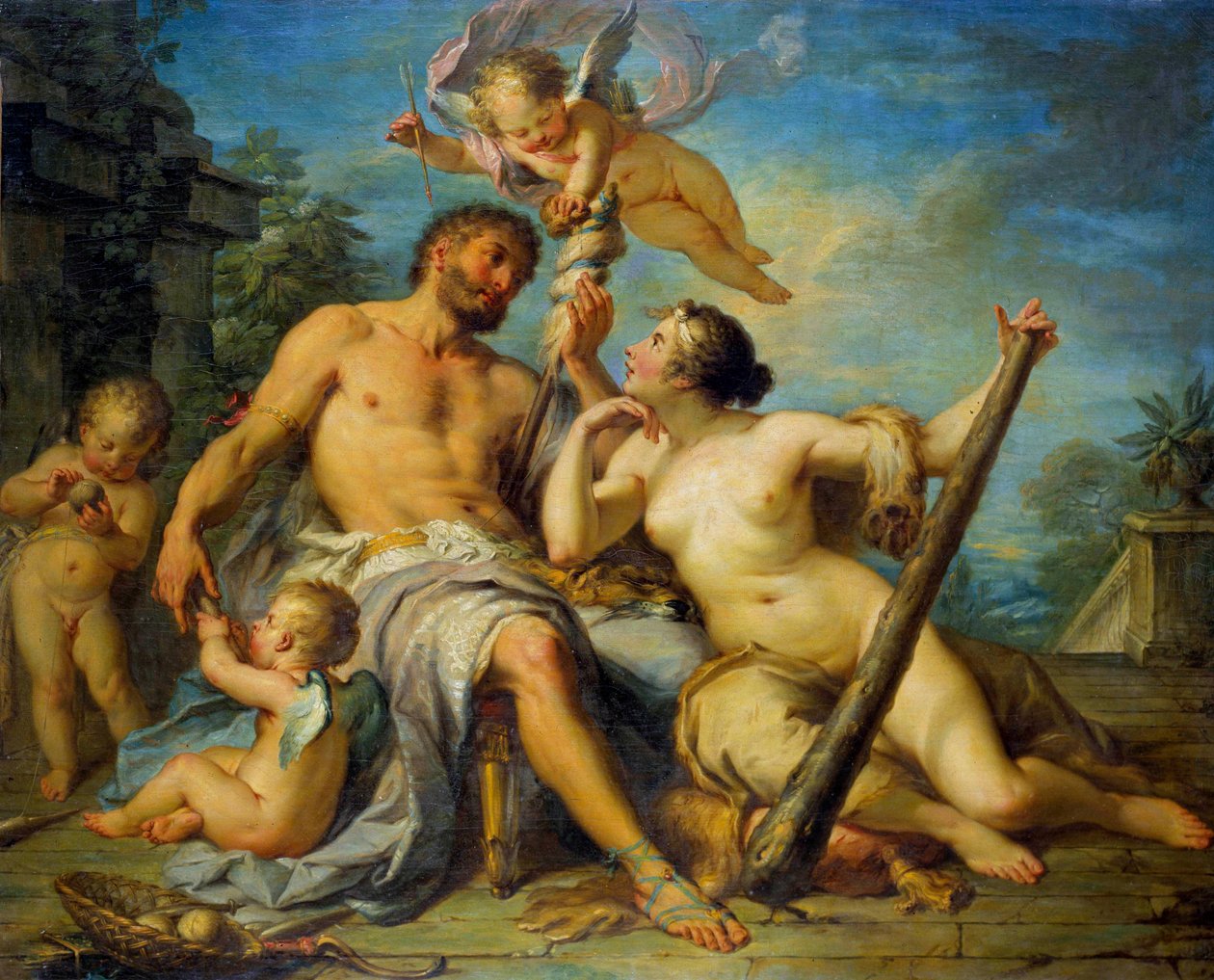 Herkules és Omphale Herkules (Héraklész) szerelmes Omphaléba, akinek rabszolgája. Jacques Dumont római festménye (1701-1781). 1728. Dim. 1,33 x 1,67 m. Túrák, Szépművészeti Múzeum alkotó: Jacques  Dumont