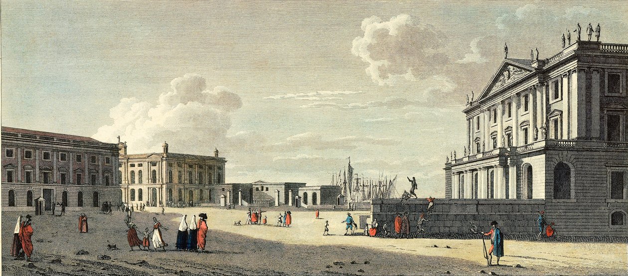 A Llotja (volt tőzsde), a vámfőkapitány palotája és a barcelonai tengeri kapu (metszet) alkotó: Jacques (after) Moulinier