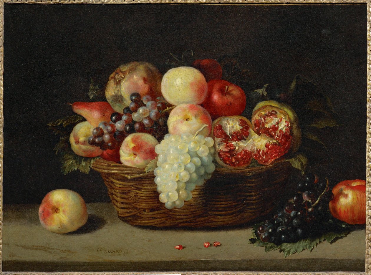 Panier de grenade, peches et raisins - Kosár gránátalmával, barackkal és szőlővel ... alkotó: Jacques (attr. to) Linard