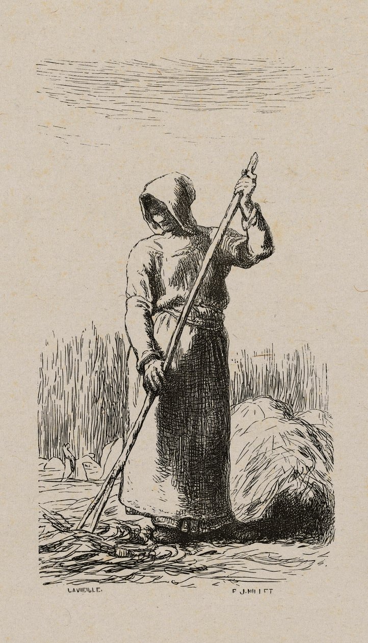 Nő gereblyézte szénát alkotó: Jacques Adrien Lavieille