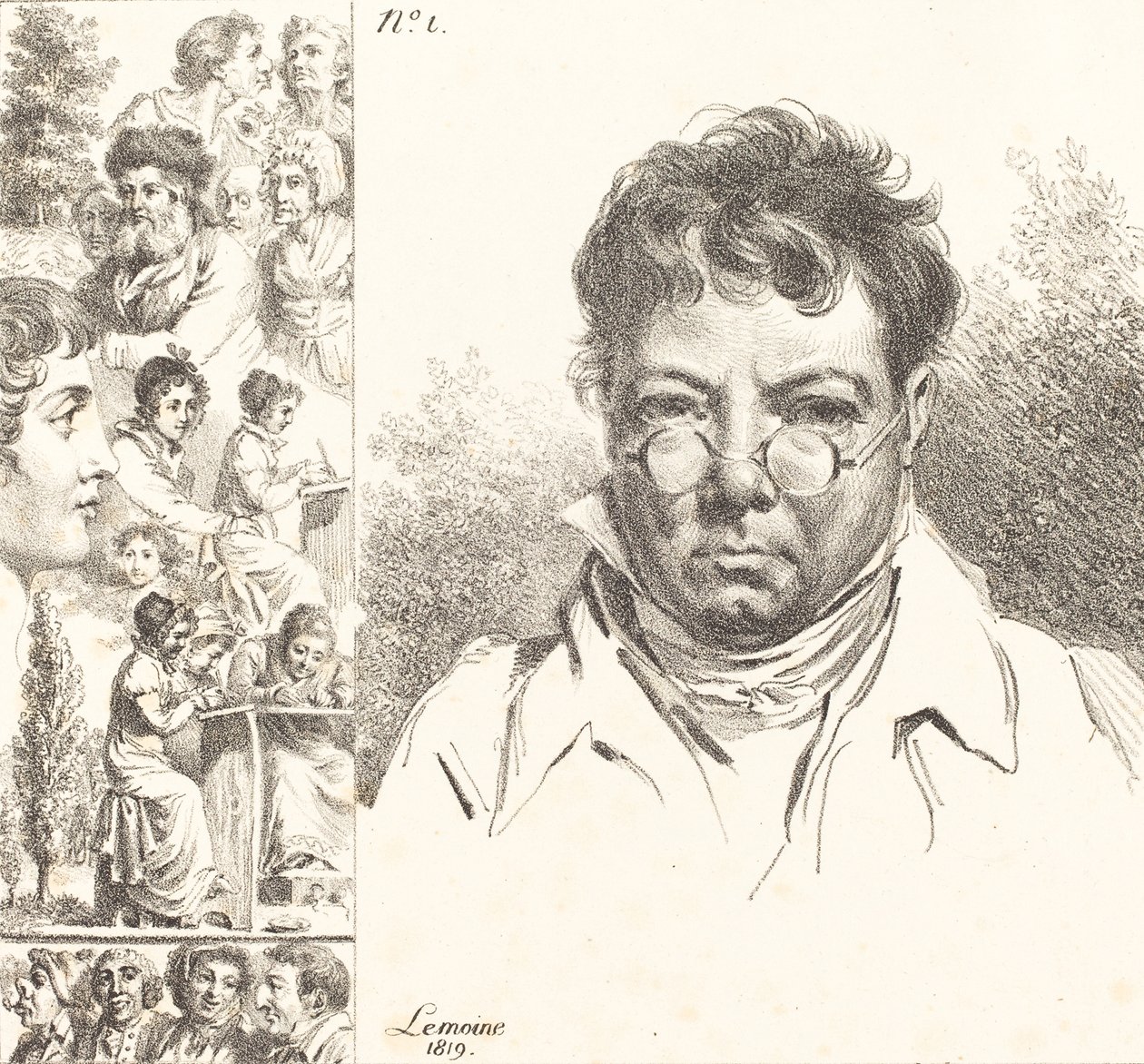 Önarckép és egyéb fejek, 1819 (litográfia) alkotó: Jacques Antoine Marie Lemoine