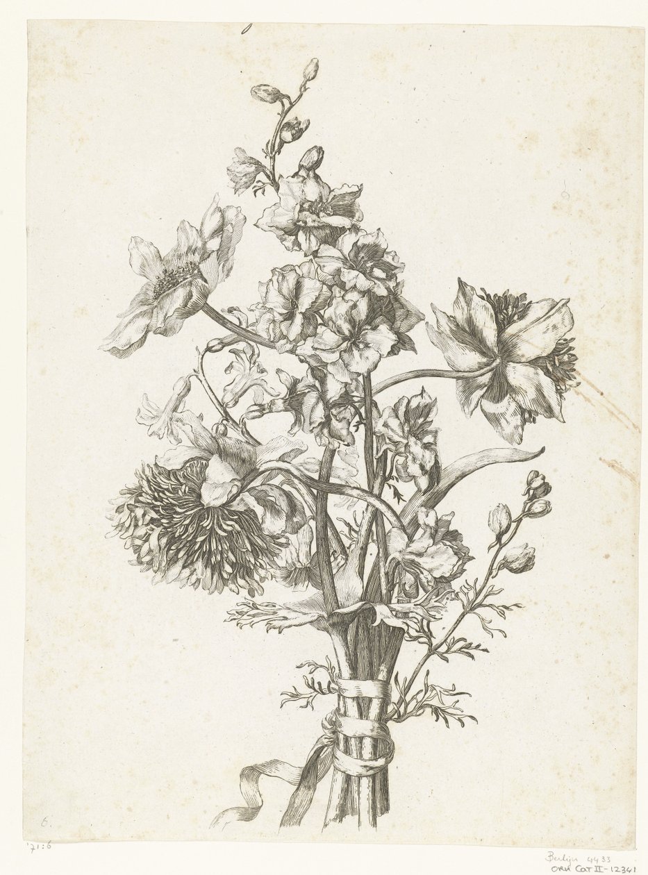 Csokor kökörcsinnel, jácinttal és delphiniumokkal Diverse Fleurs mises en Boucquets (sorozat címe) alkotó: Jacques Bailly (I)