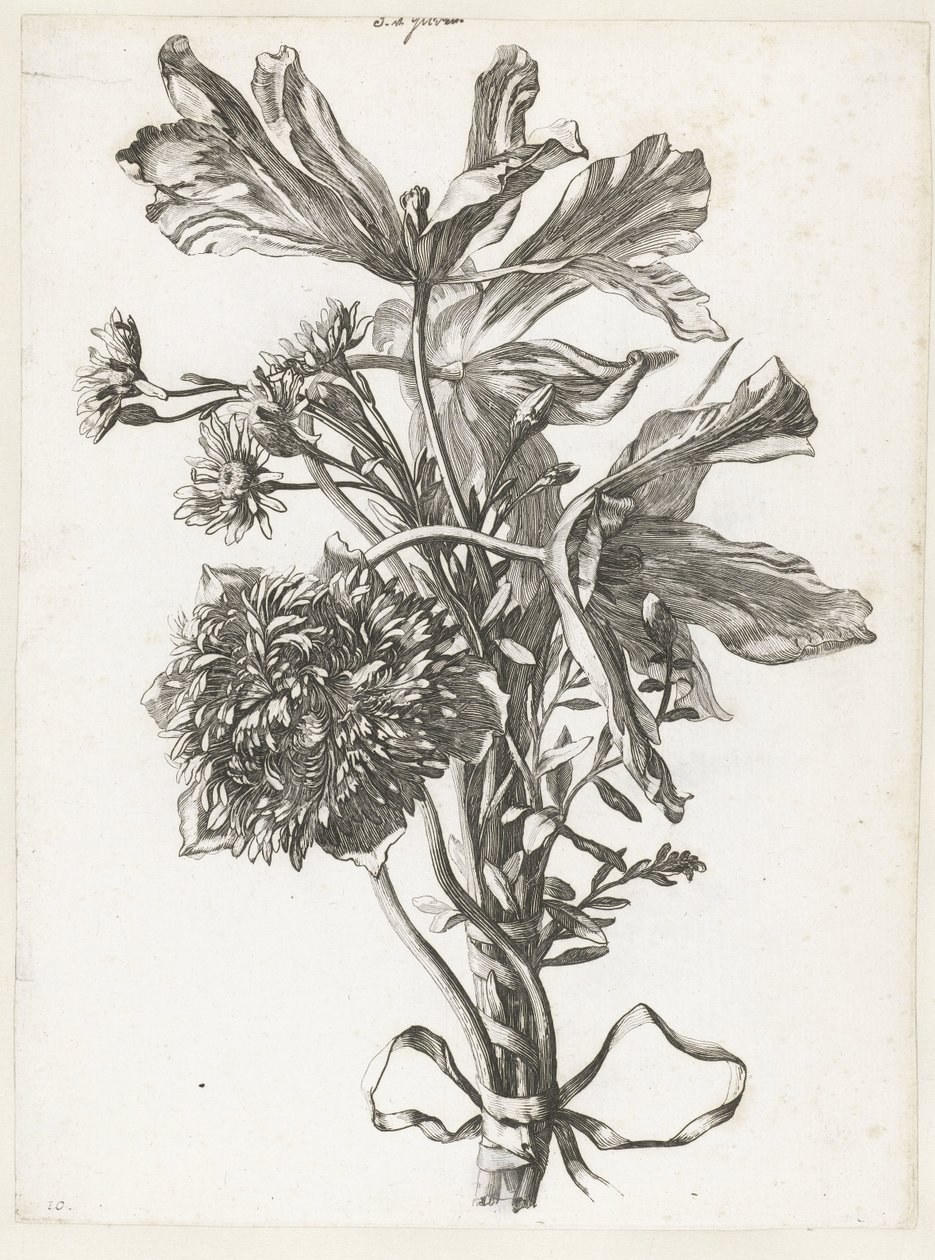 Csokor kifakult tulipánokkal, kökörcsinnel és halhatatlanokkal Diverse Fleurs mises en Boucquets (sorozat címe) alkotó: Jacques Bailly (I)
