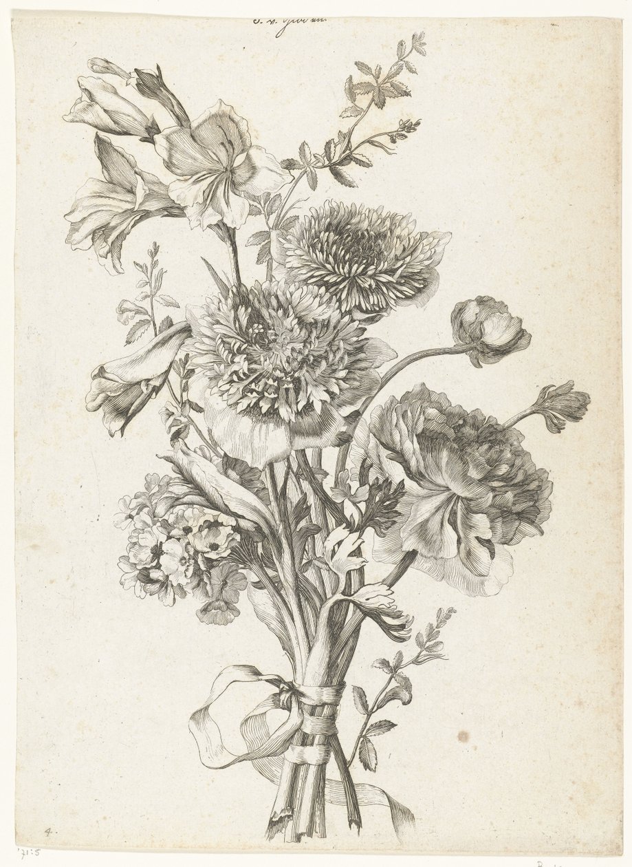 Csokor kökörcsin Csokor kökörcsinnel, bazsarózsával, szárvirágokkal és kardvirággal Diverse Fleurs mises en Boucquets (sorozat címe) alkotó: Jacques Bailly (I)